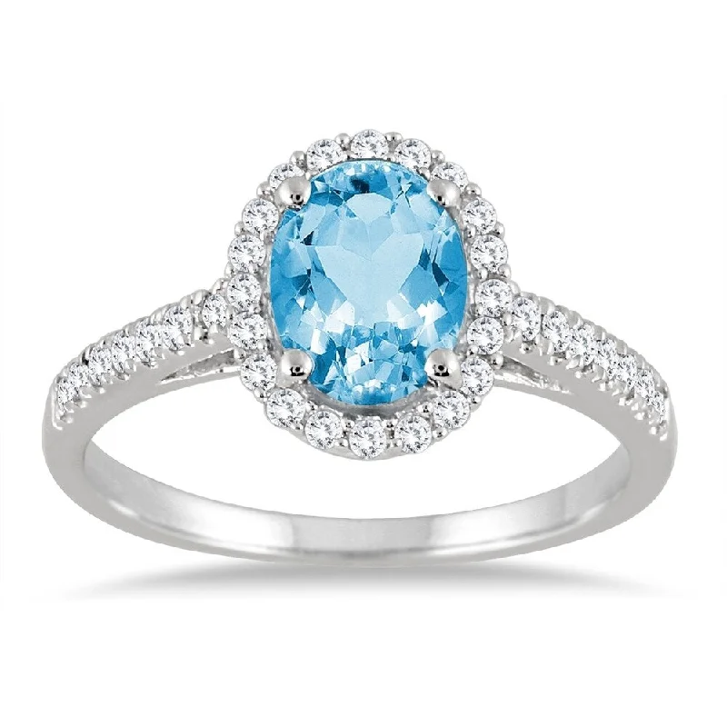 gold plated rings for women -Blue Topaz and Diamond Halo Ring in 10K White Gold