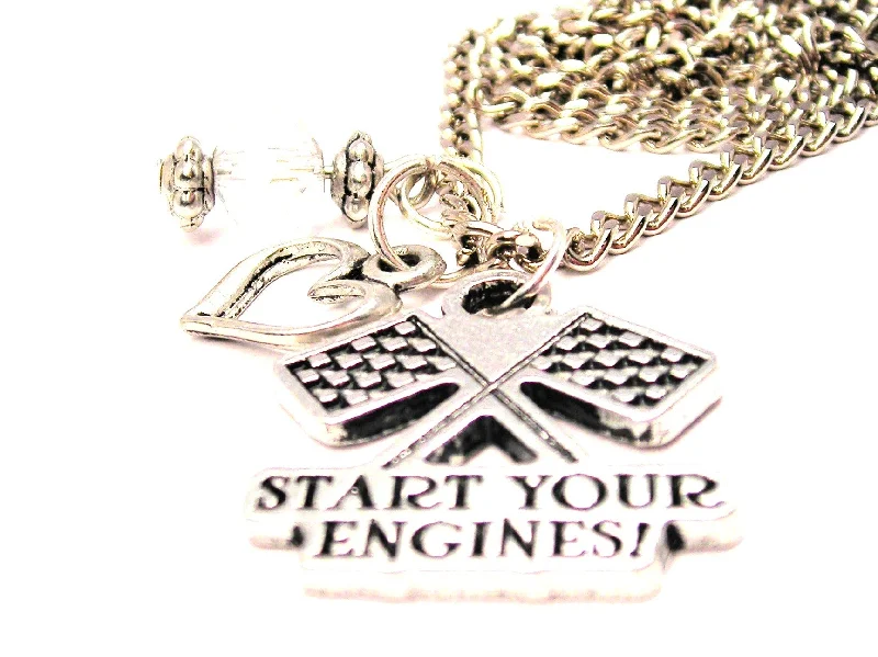 classic necklaces for women -Start Your Engines With Crossed Race Flags Necklace with Small Heart