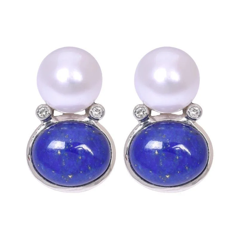 sterling silver earrings for women -Earrings- Lapis Lazuli, South Sea Pearl and Diamond