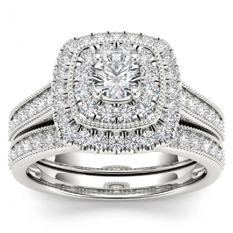 mixed metal rings for women -De Couer 14k White Gold 3/4ct TDW Diamond Double Halo Bridal Ring Set