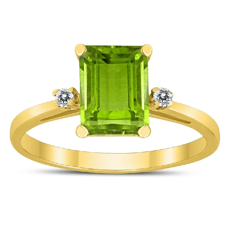 colorful gemstone rings -Emerald Cut 8X6MM Peridot and Diamond Three Stone Ring in 10K Yellow Gold