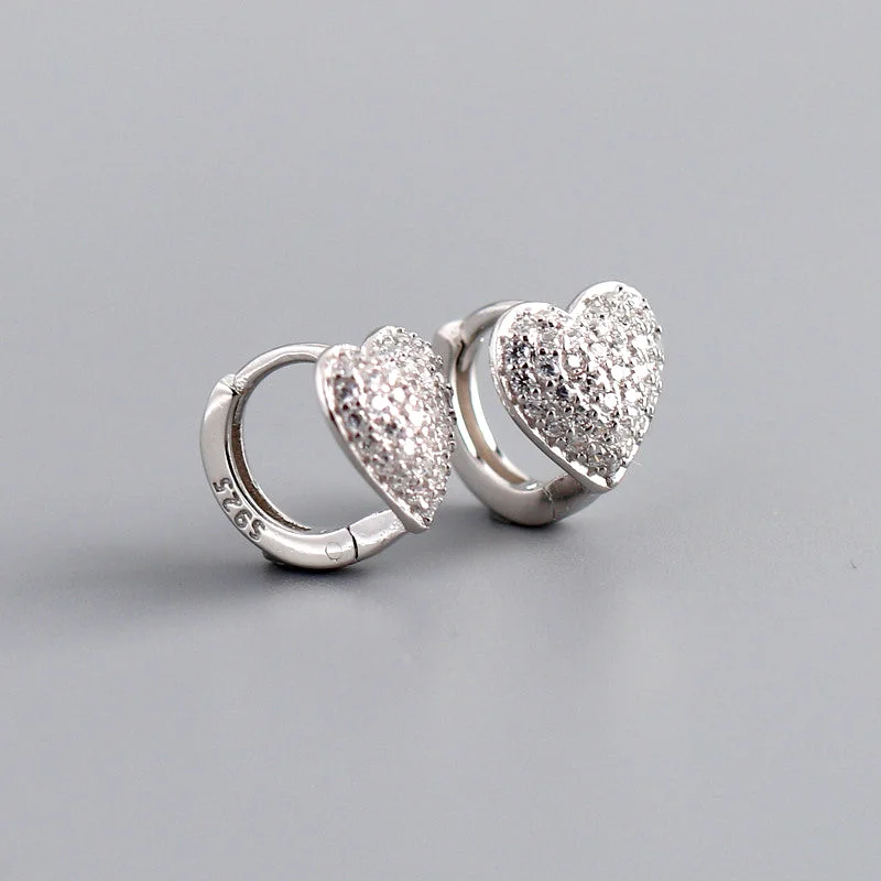 zirconia earrings for women -Paved Heart Sterling Silver Hoop Earrings