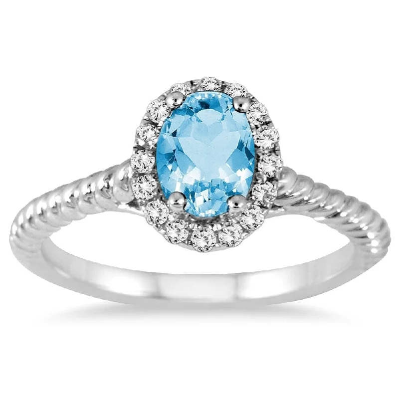 fashion rings for women -1 Carat Blue Topaz and Diamond Halo Rope Ring in 10K White Gold