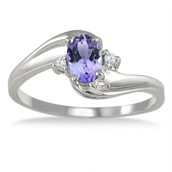 chunky rings for women -Tanzanite Gemstone and Diamond Wave Ring 14k White Gold