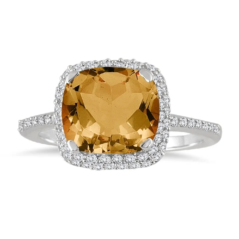 fashion engagement rings -3 1/2 Carat Cushion Cut Citrine and Diamond Halo Ring in 10K White Gold