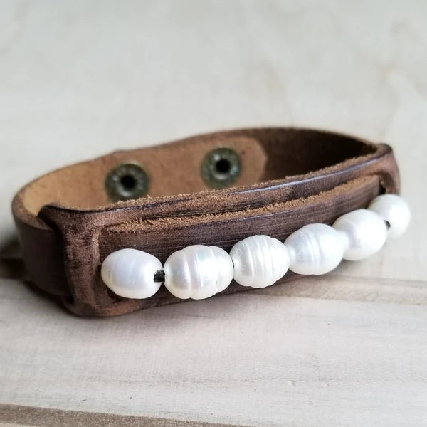 romantic bracelets for her -Leather Cuff w/ Freshwater Pearls