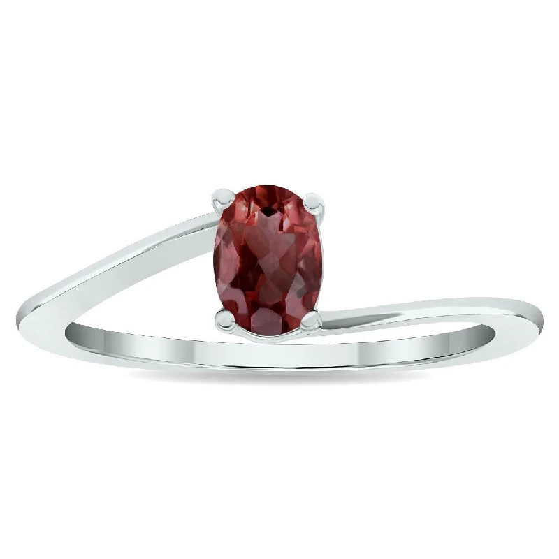 wedding rings with gemstones -Women's Solitaire Garnet Wave Ring in 10K White Gold