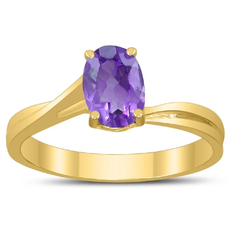 romantic rings for women -Solitaire Oval 7X5MM Amethyst Gemstone Twist Ring in 10K Yellow Gold