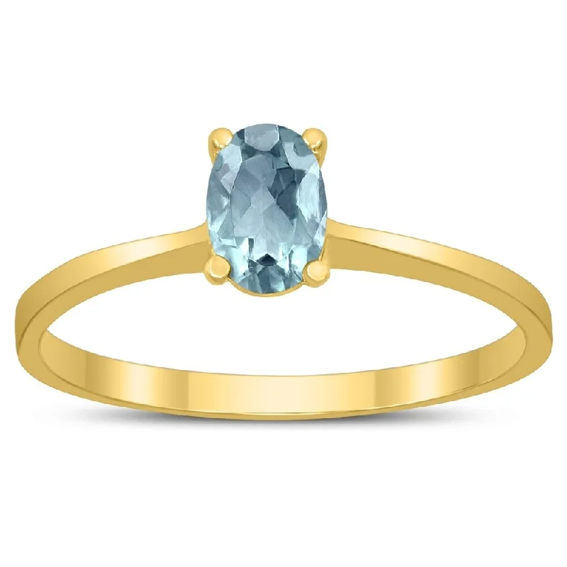 fashion engagement rings -Oval Solitaire 6X4MM Aquamarine Ring in 10K Yellow Gold