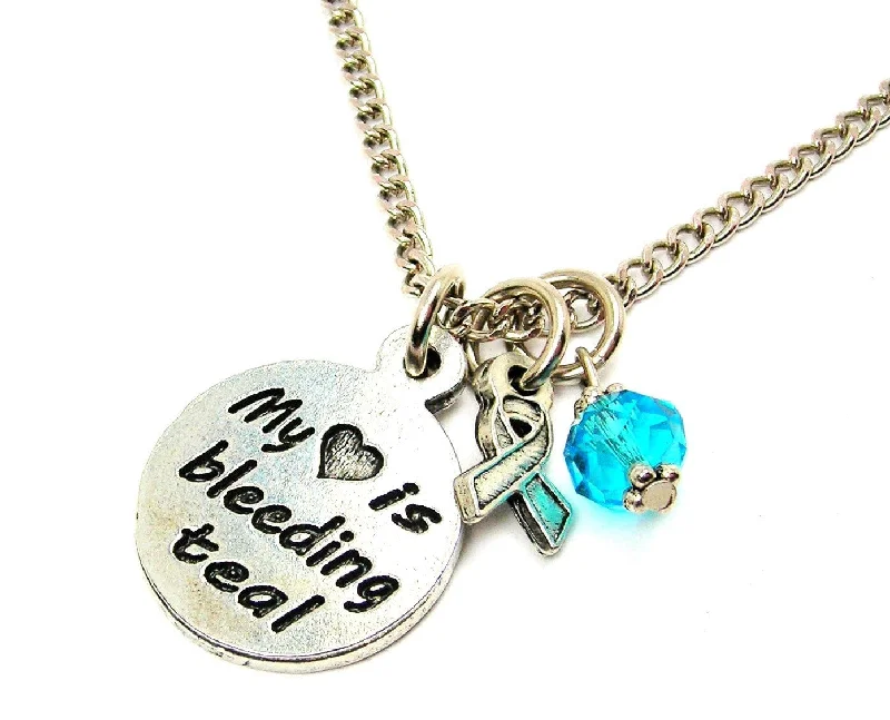 sapphire necklaces for women -My Heart is Bleeding Teal with Awareness Ribbon Necklace