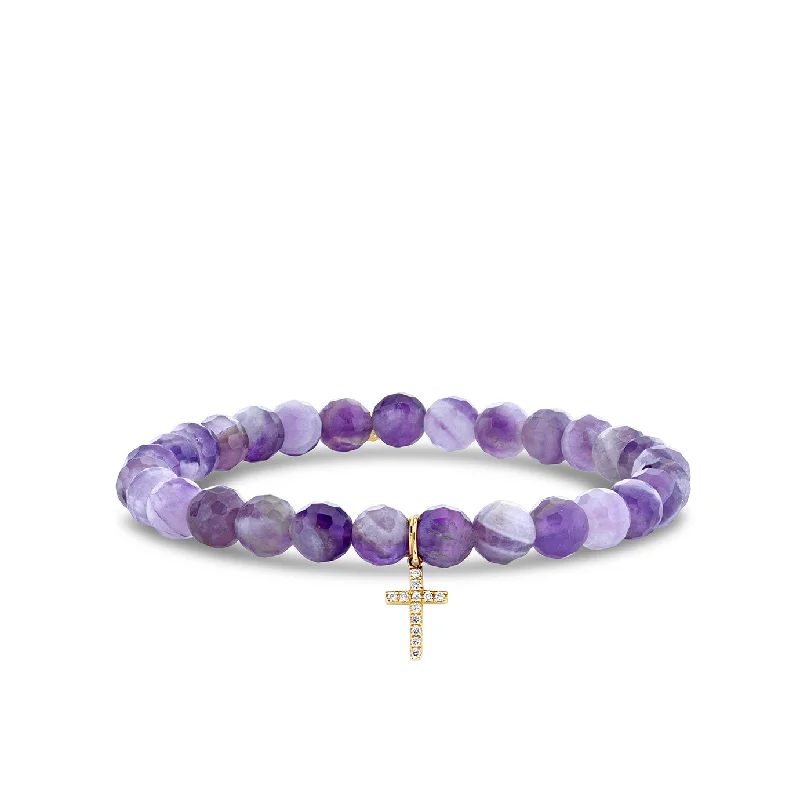 engraved bangles for women -Gold & Diamond Cross on Amethyst