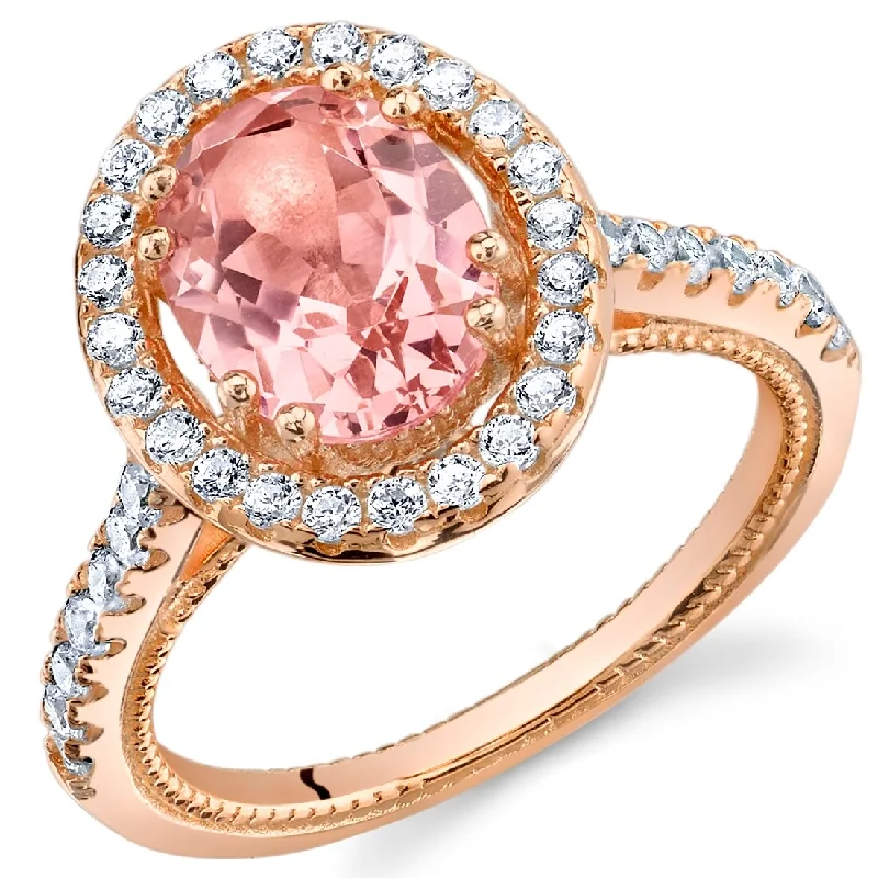 fashion promise rings -Rose Tone Sterling Silver 2.5 ct Created Morganite Halo Ring