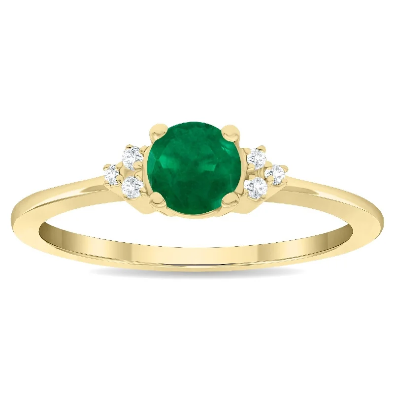 engraved rings for women -Women's Round Shaped Emerald and Diamond Half Moon Ring in 10K Yellow Gold