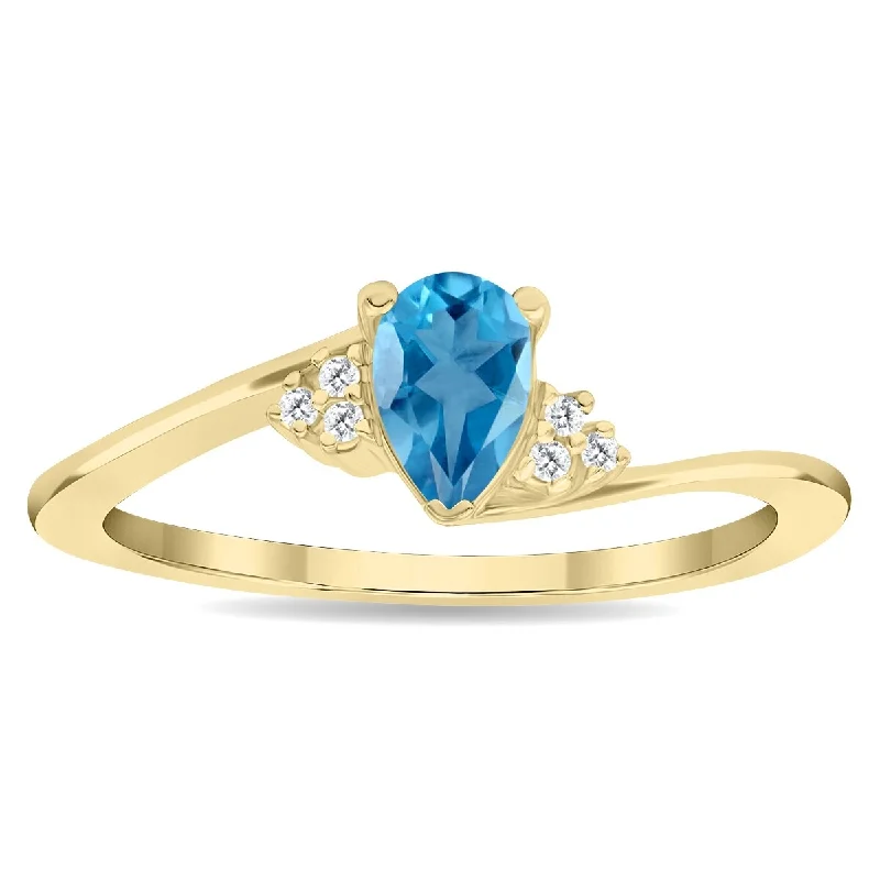 bridal rings for women -Women's Pear Shaped Blue Topaz and Diamond Tierra Ring in 10K Yellow Gold