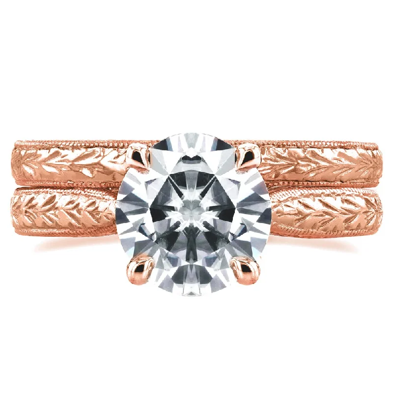 wedding sets with rings -Annello by Kobelli 14k Rose Gold 1 1/2ct TGW Moissanite and Diamond Antique Cathedral Bridal Rings (GH/VS, GH/I)