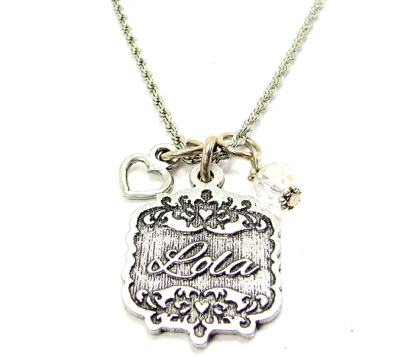 classic necklaces for women -Lola Victorian Scroll With With Open Heart And Crystal 20" Stainless Steel Rope Necklace