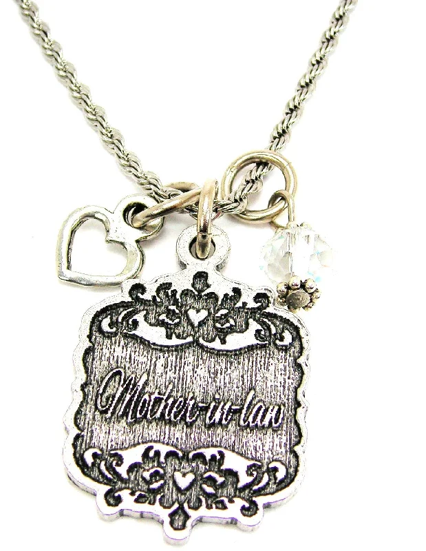 vintage necklaces for women -Mother-In-Law Victorian Scroll With Open Heart And Crystal 20" Stainless Steel Rope Necklace