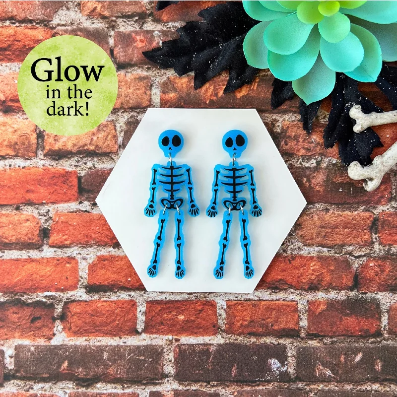 silver dangle earrings for women -Blue Skeleton Dangle Earrings (Glow in the dark!)