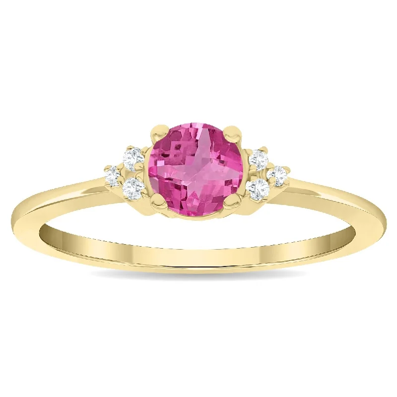 anniversary rings with gemstones -Women's Round Shaped Pink Topaz and Diamond Half Moon Ring in 10K Yellow Gold