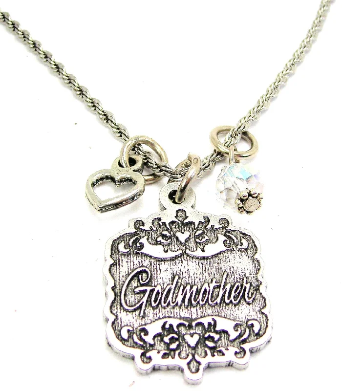 vintage pendant necklaces -Godmother Victorian Scroll With With Open Heart And Crystal 20" Stainless Steel Rope Necklace