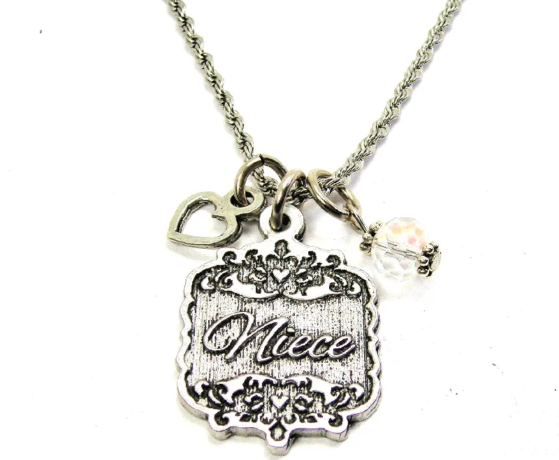 chunky necklaces for women -Niece Victorian Scroll With With Open Heart And Crystal 20" Stainless Steel Rope Necklace