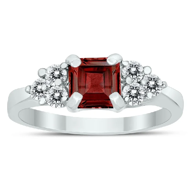 promise rings with birthstones -Princess Cut 6X6MM Garnet and Diamond Duchess Ring in 10K White Gold