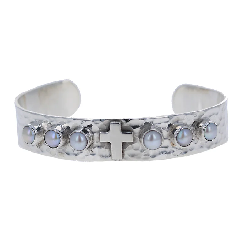 diamond-studded bracelets -Sterling & Pearl Hammered Cuff