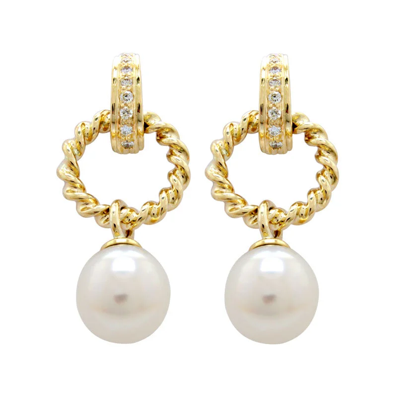 gold dangle earrings -Earrings-Pearl and Diamond