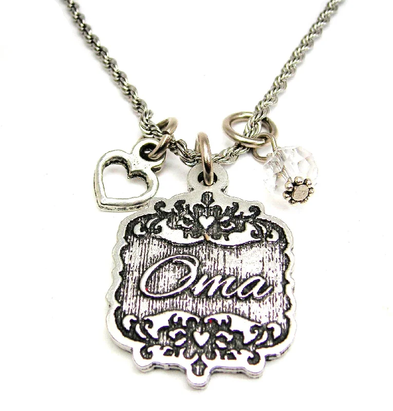 delicate necklaces for women -Oma Victorian Scroll With With Open Heart And Crystal 20" Stainless Steel Rope Necklace