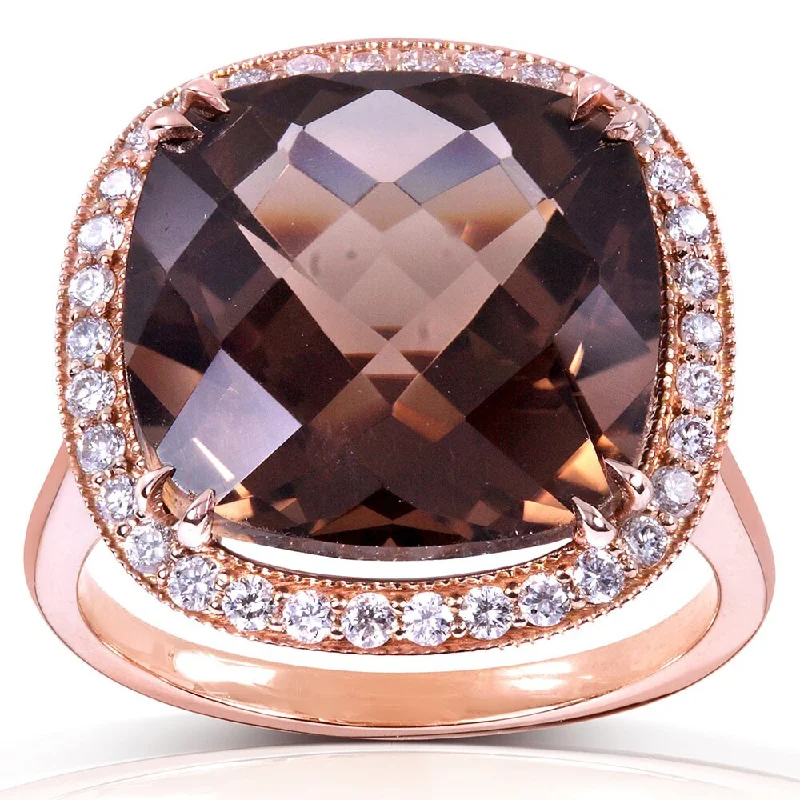 gold wedding bands for women -Annello by Kobelli 14k Rose Gold 8 1/4ct TGW Cushion Smoky Quartz and Diamond Halo Large Gemstone Ring