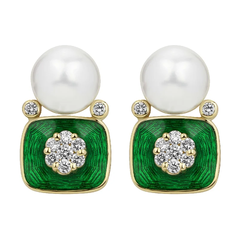 luxury gold earrings for women -Earrings - South Sea Pearl, Diamond (enamel)