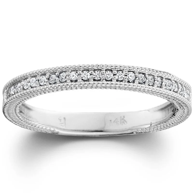 custom engraved rings -Pompeii3 10k White Gold 1/5 ct TDW Diamond Wedding Ring Stackable Womens Vintage Milgrain Anniversary Band