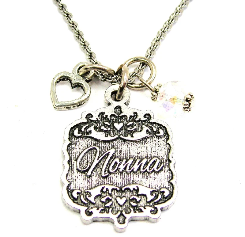 simple necklaces for women -Nonna Victorian Scroll With With Open Heart And Crystal 20" Stainless Steel Rope Necklace