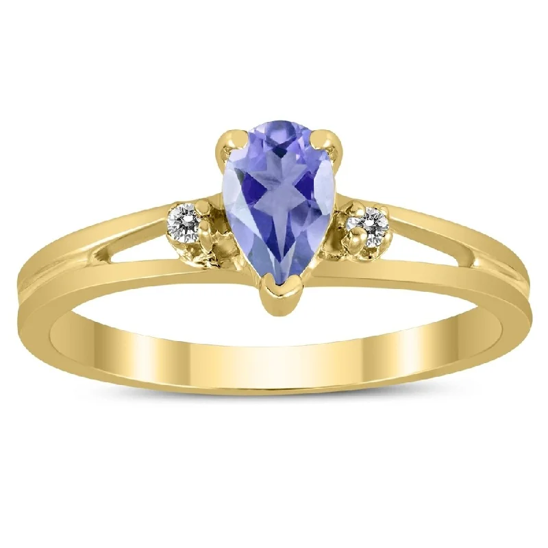 eternity rings for women -6X4MM Tanzanite and Diamond Pear Shaped Open Three Stone Ring in 10K Yellow Gold