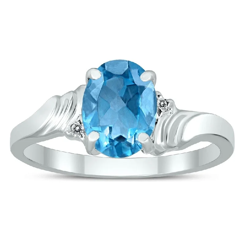 mixed metal rings for women -8X6MM Blue Topaz and Diamond Wave Ring in 10K White Gold