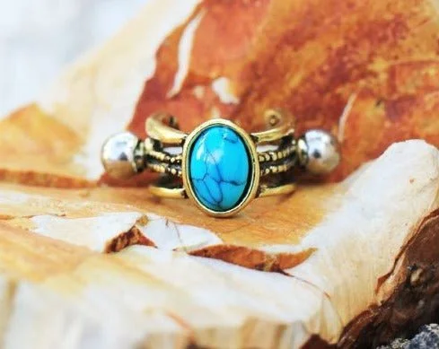 engraved bangles for women -Antique Gold Cartilage Ear Cuff with Oval Turquoise Stone