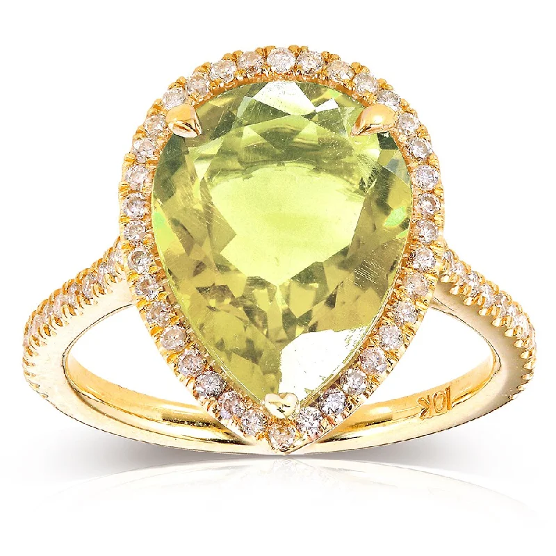 trendy rings for women -Annello by Kobelli 10k Yellow Gold Pear-shape Lime Quartz and 1/3ct TDW Diamond Halo Ring