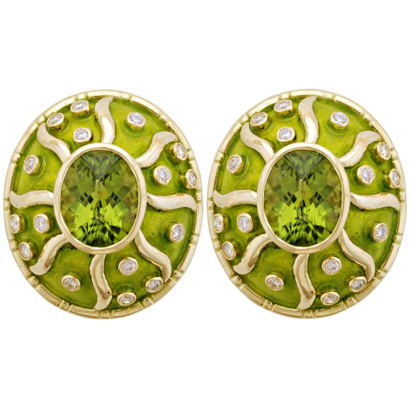 vintage earrings for women -Earrings- Peridot And Diamond (Enamel)