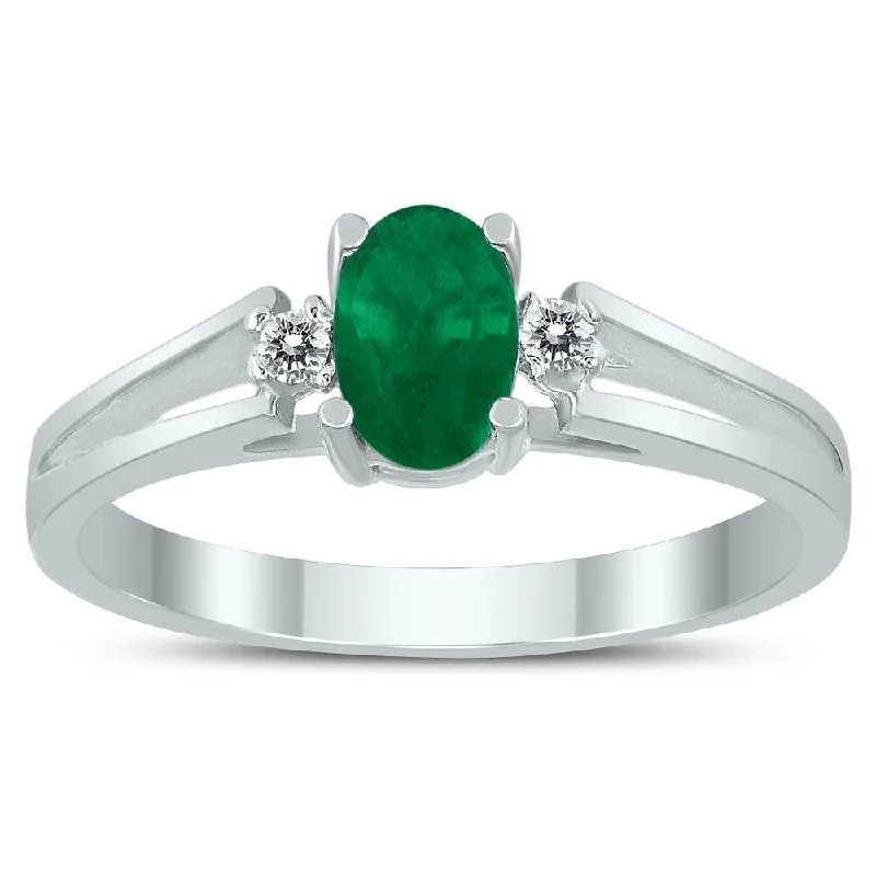 unique diamond rings for women -6X4MM Emerald and Diamond Open Three Stone Ring in 10K White Gold