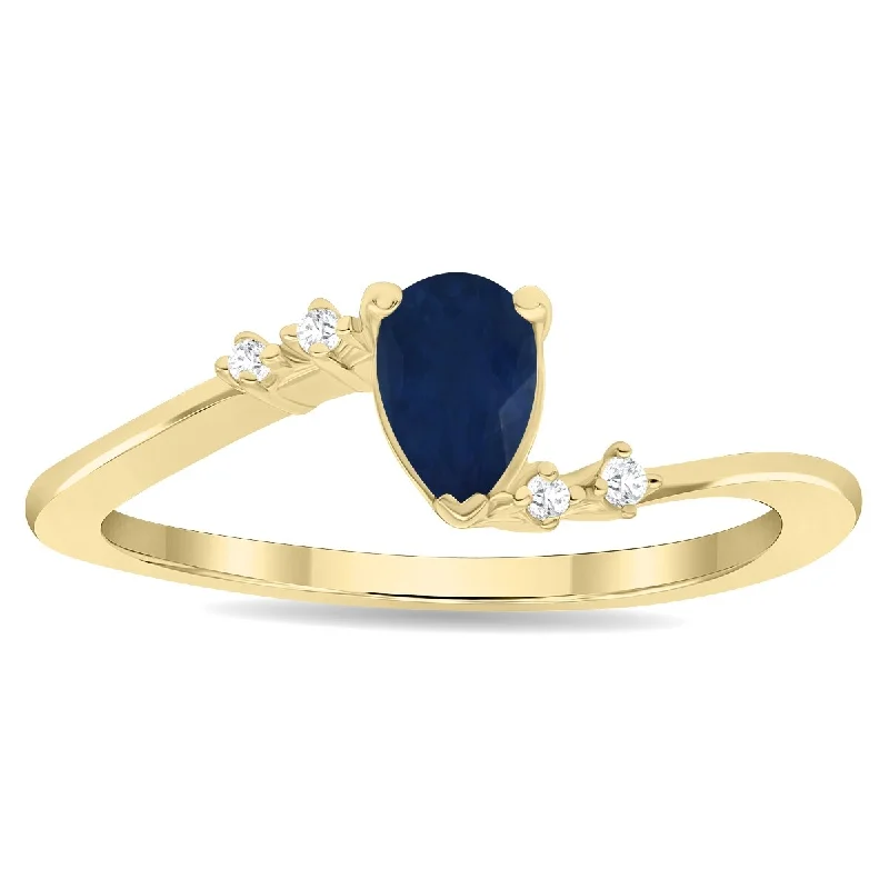 large statement rings -Women's Pear Shaped Sapphire and Diamond Wave Ring in 10K Yellow Gold