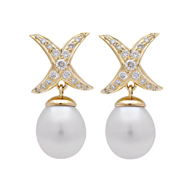 vintage earrings for women -Earrings-South Sea Pearl and Diamond