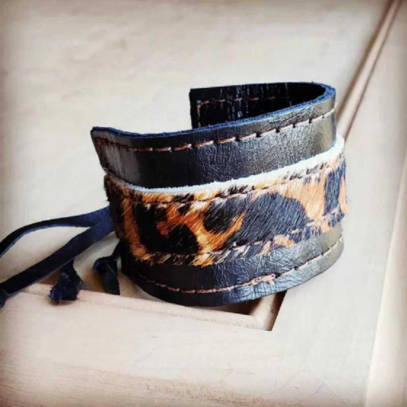 custom gold bangles -Leather Cuff with adjustable Tie in Black and Leopard Print