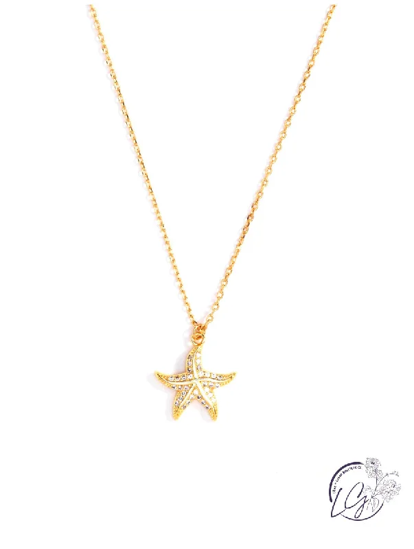 gemstone drop necklaces -Pave Starfish Necklace