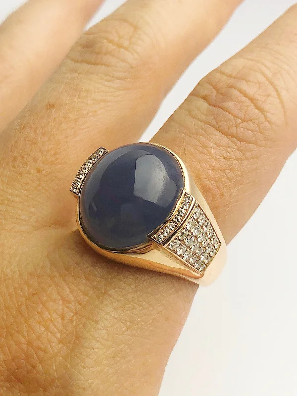 anniversary rings with gemstones -18K Rose Gold - Natural Blue Jade - Statement Ring - Size 9.5 - Handmade