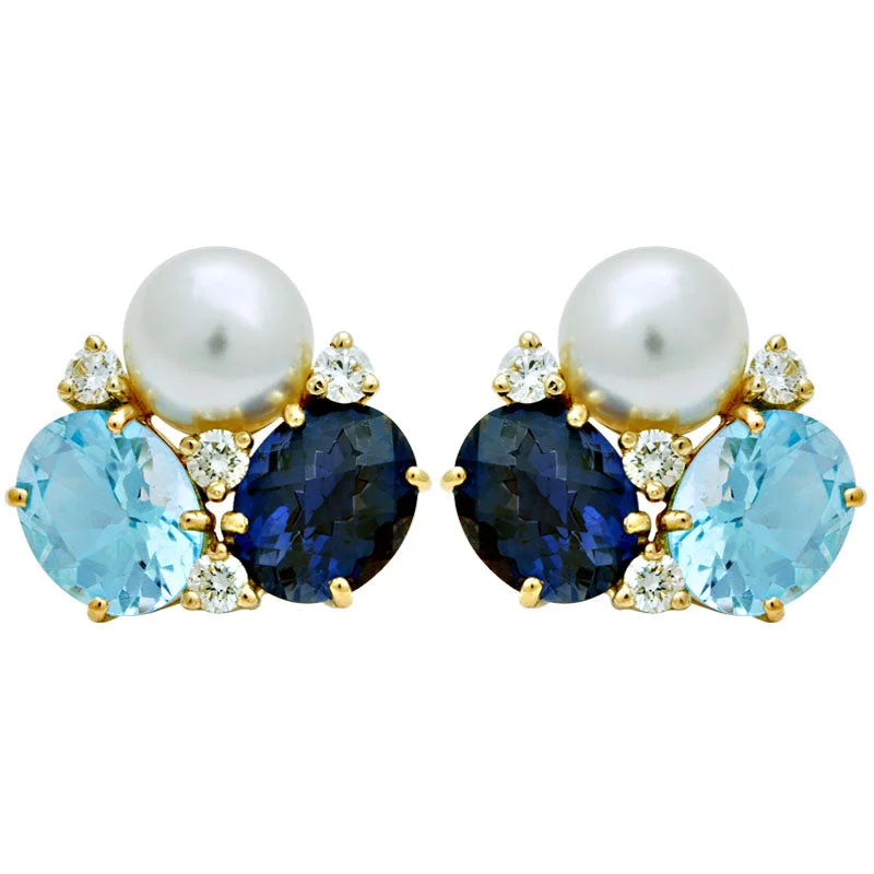 hoop earrings with diamonds -Earrings-South Sea Pearl, Iolite, Blue Topaz and Diamond