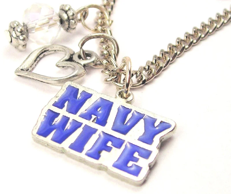 women's silver necklaces -Hand Painted Navy Wife Bold Text Blue Necklace with Small Heart