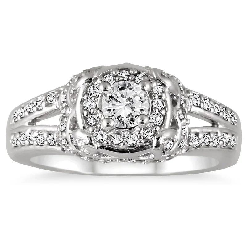 diamond wedding rings for women -1/2 Carat TW Diamond Halo Antique Ring in 10K White Gold