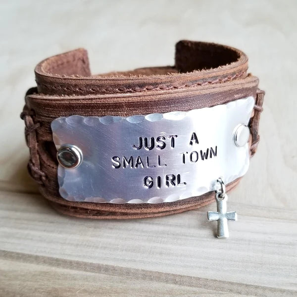 gemstone charm bracelets -Just A Small Town Girl Stamped Leather Cuff