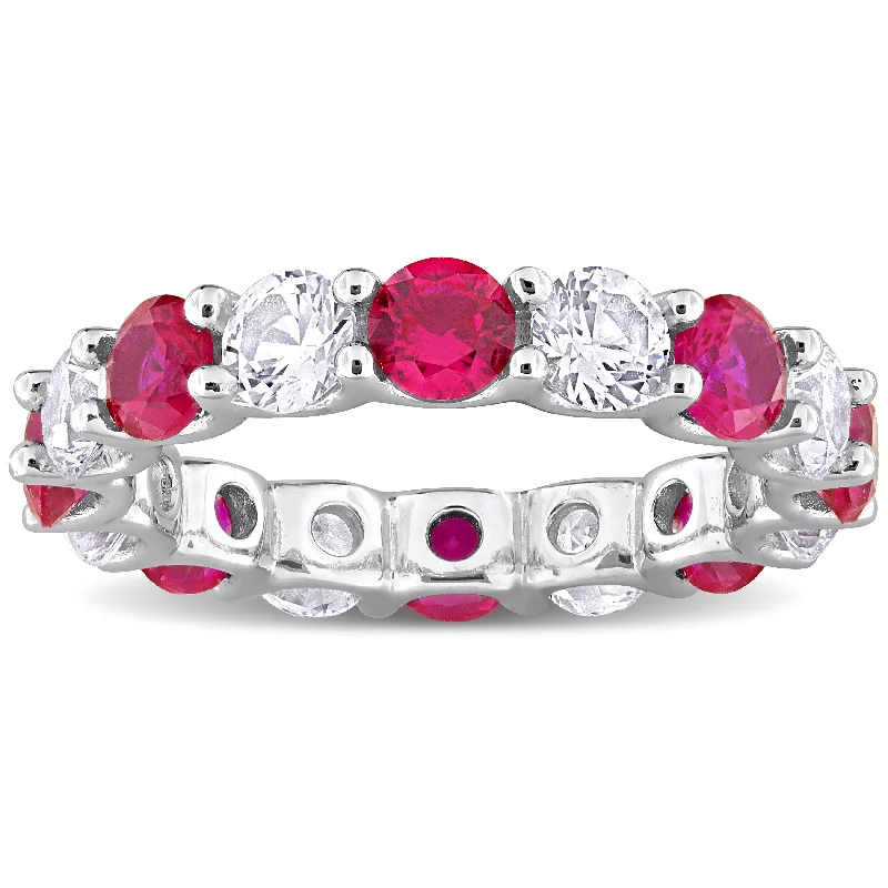 anniversary rings with diamonds -Miadora 5ct TGW Created Ruby and White Sapphire Eternity Ring in Sterling Silver