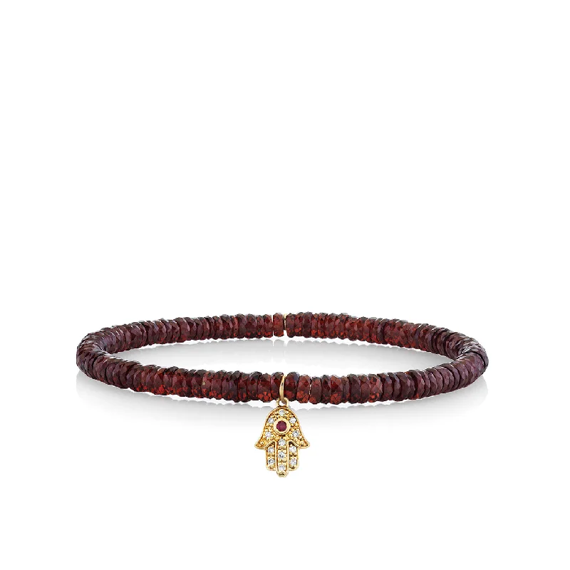 adjustable gold bracelets for women -Gold & Diamond Hamsa on Garnet